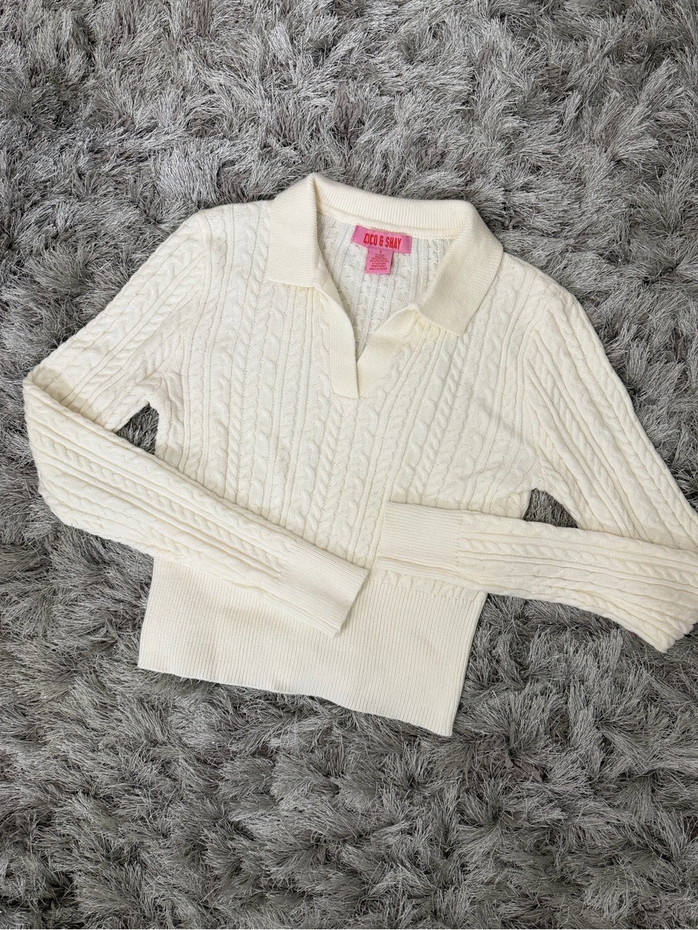Coco & Shay Cream Cable Knit Polo Sweater